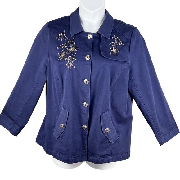 Susan Graver Womens 1X Metal Floral 3D Embellished Jacket Pockets Art To Wear - Picture 1 of 16